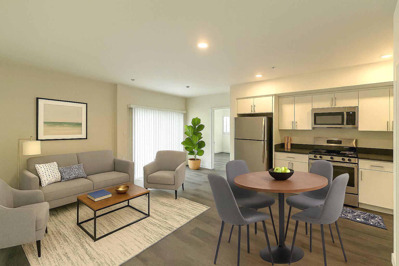 photo of The Centennial's grand interior view of the dining, living room and kitchen