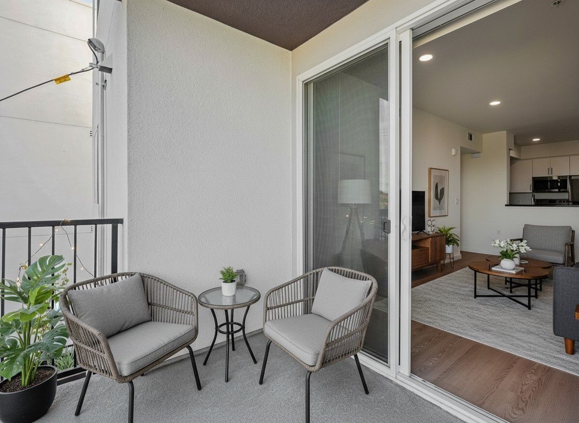 photo of The Centennial's modern kitchen showing a stainless steel refrigerator, range oven, microwave, and sink