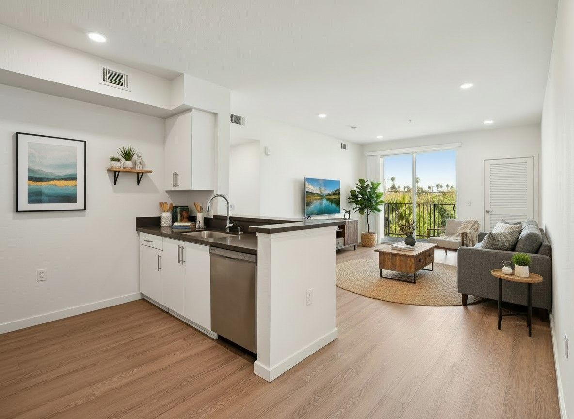 photo of The Centennial's cozy and bright bedroom with a bed, side table and windows with opened blinds