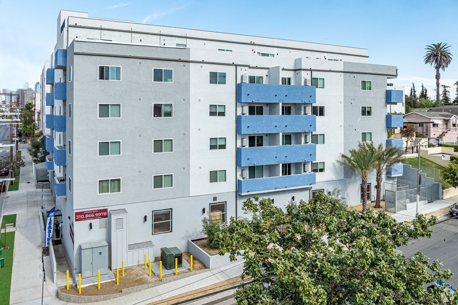 The imposing facade of The Secret in K-Town Luxury Apartments in Koreatown, LA, managed by SKY Properties