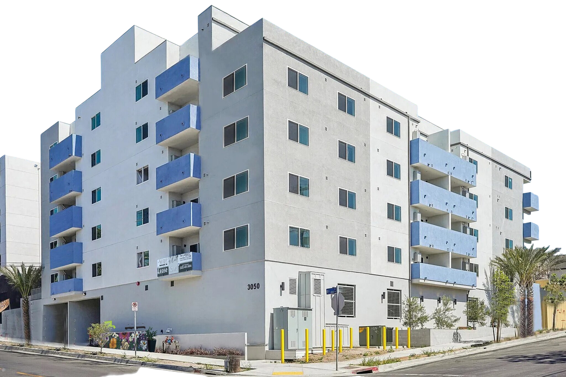 Modern apartment building exterior in The Secret at K-Town Luxury Apartments, Los Angeles