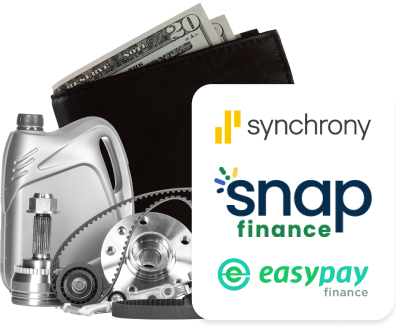 A wallet filled with money and car parts next to a snap finance logo. | Oceanside Tire and Service Center Tire Pros