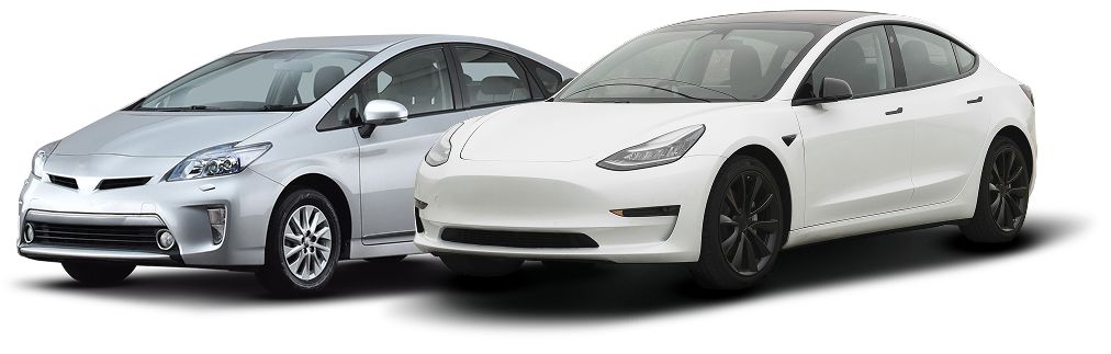 A toyota prius and a tesla model 3 are sitting next to each other on a white background. | Oceanside Tire and Service Center Tire Pros