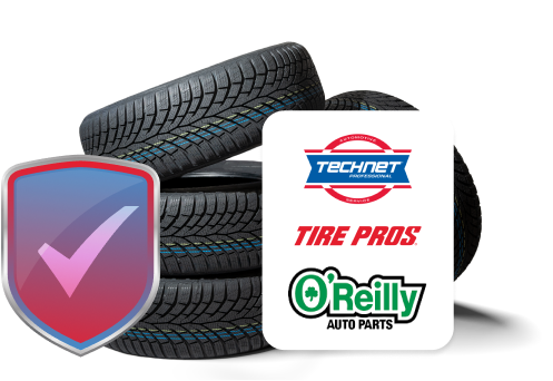 A stack of tires next to a shield that says tire pros | Oceanside Tire and Service Center Tire Pros
