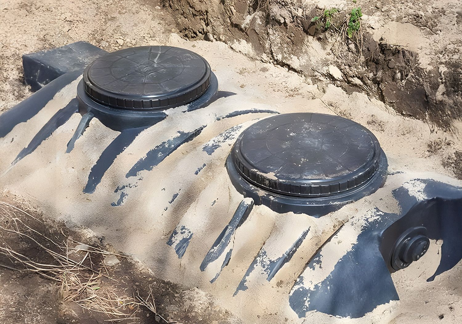 Two Black Septic Tank Lids Installed In A Trench