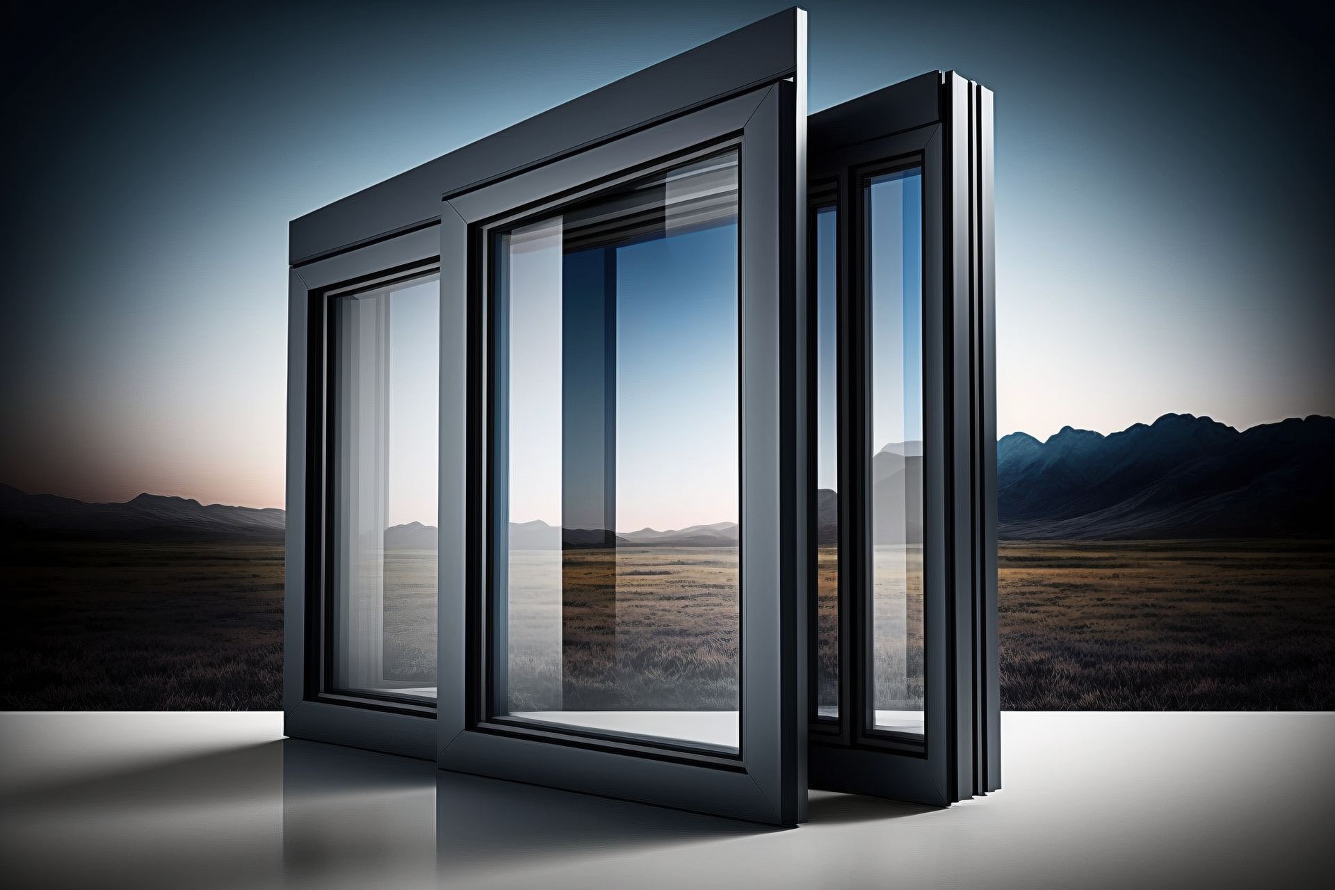 View of aluminium windows in an exterior setting as a display. View of aluminium windows in an exterior setting as a display.