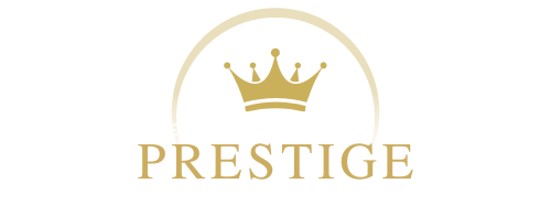 A logo for prestige with a crown in a circle.