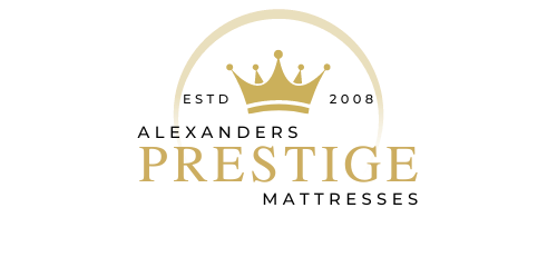 The logo for alexanders prestige mattresses has a crown on it.