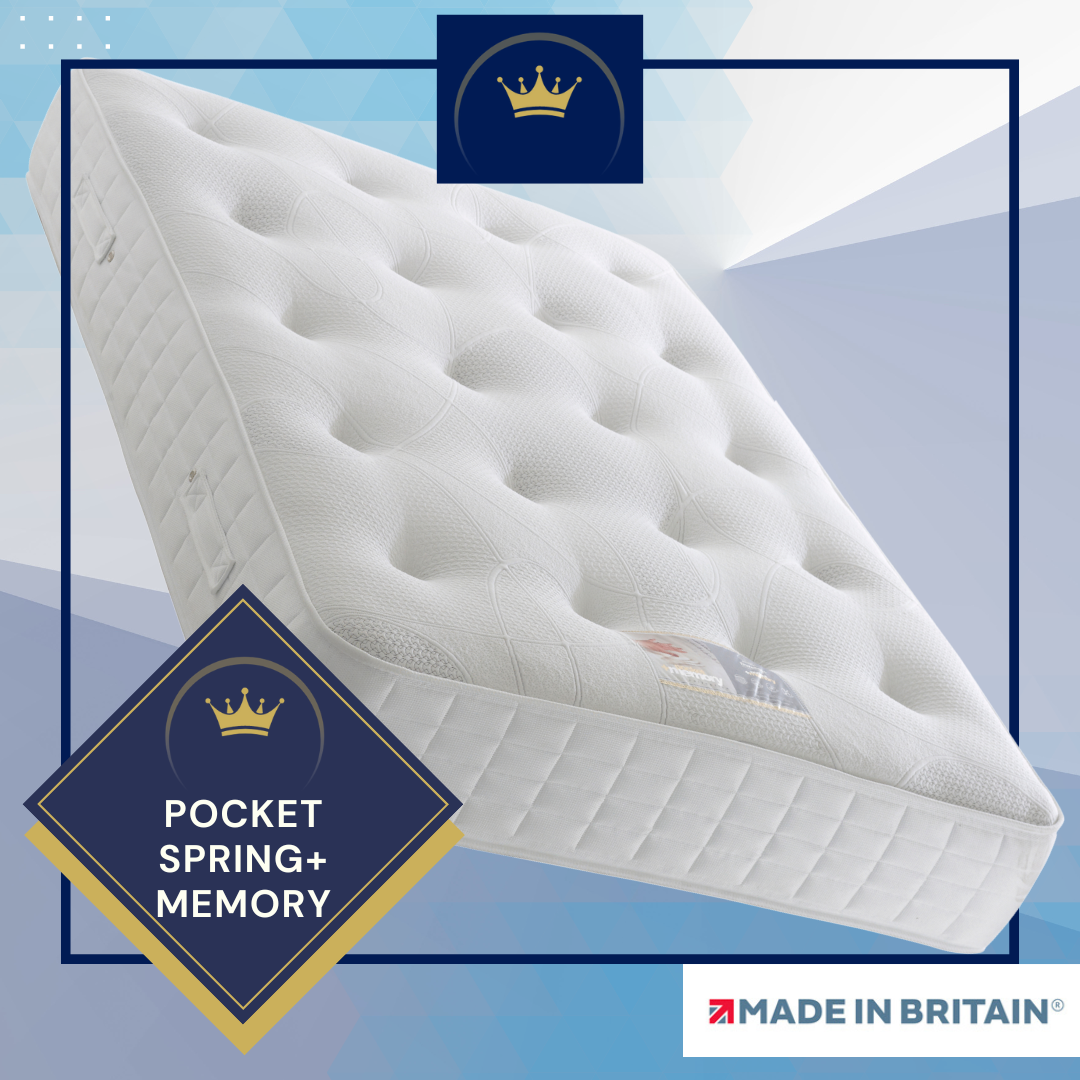 A white mattress made in britain with a crown on it