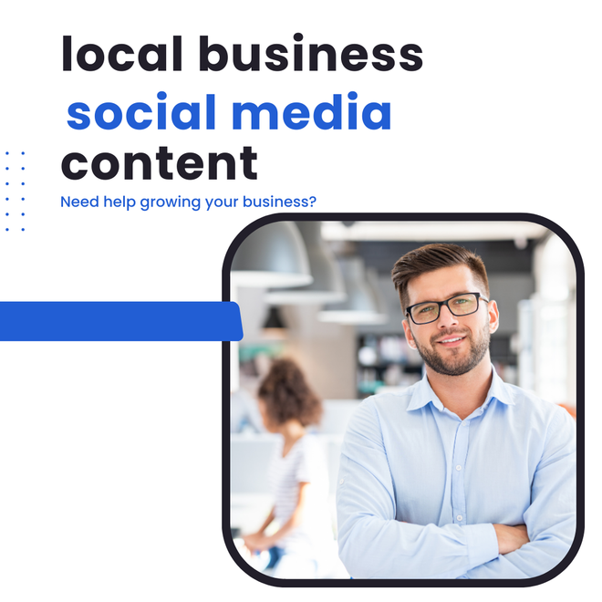 A man with glasses is standing in front of a sign that says local business social media content.