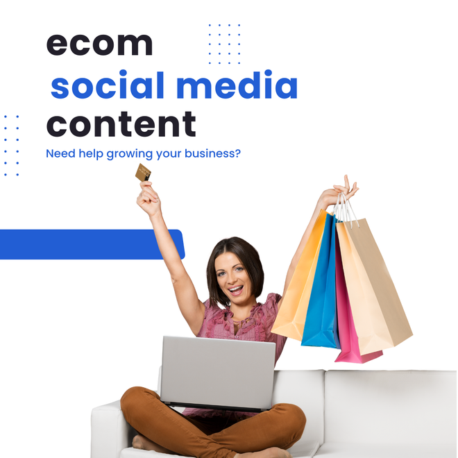 A woman is sitting on a couch with a laptop and shopping bags. Celebrating a recent purchase