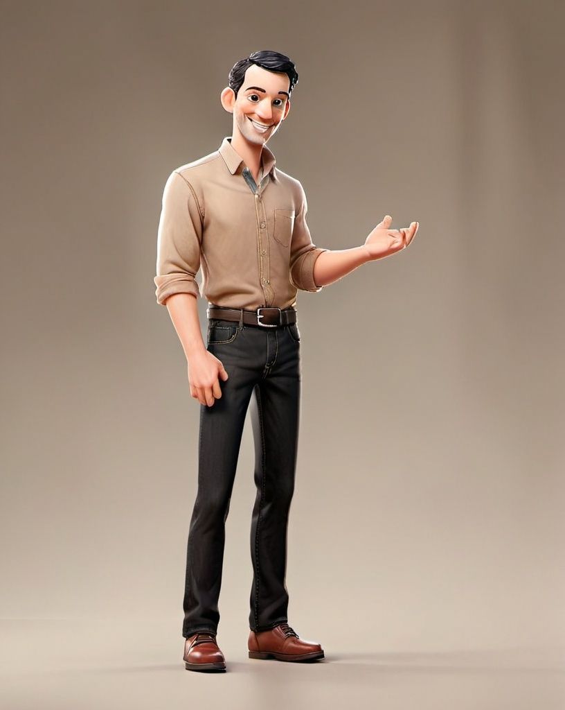 A cartoon man in a brown shirt and black pants is standing and smiling.
