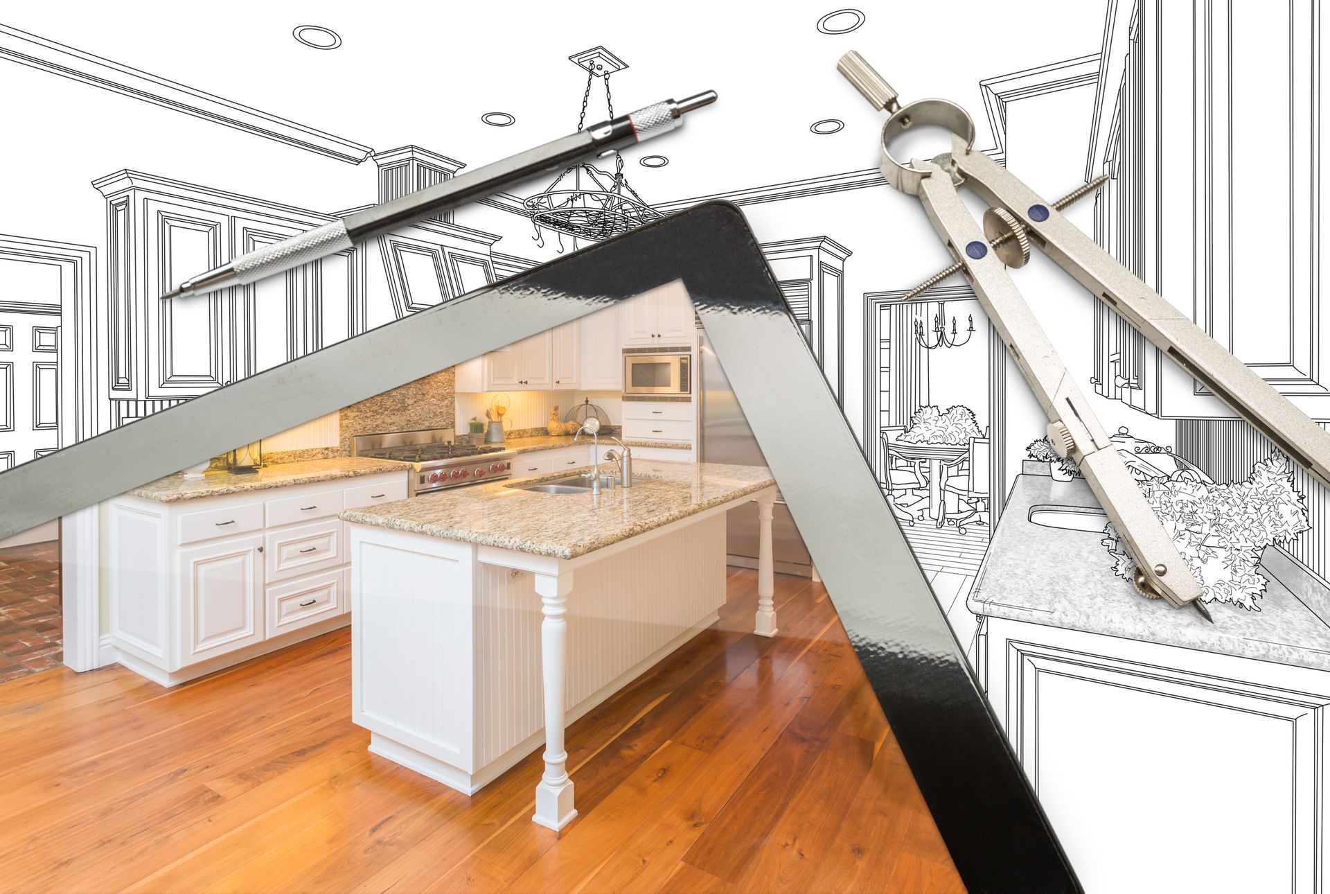 Kitchen design: sketch overlayed with tools (square, divider, ruler) over a finished kitchen with white cabinets.