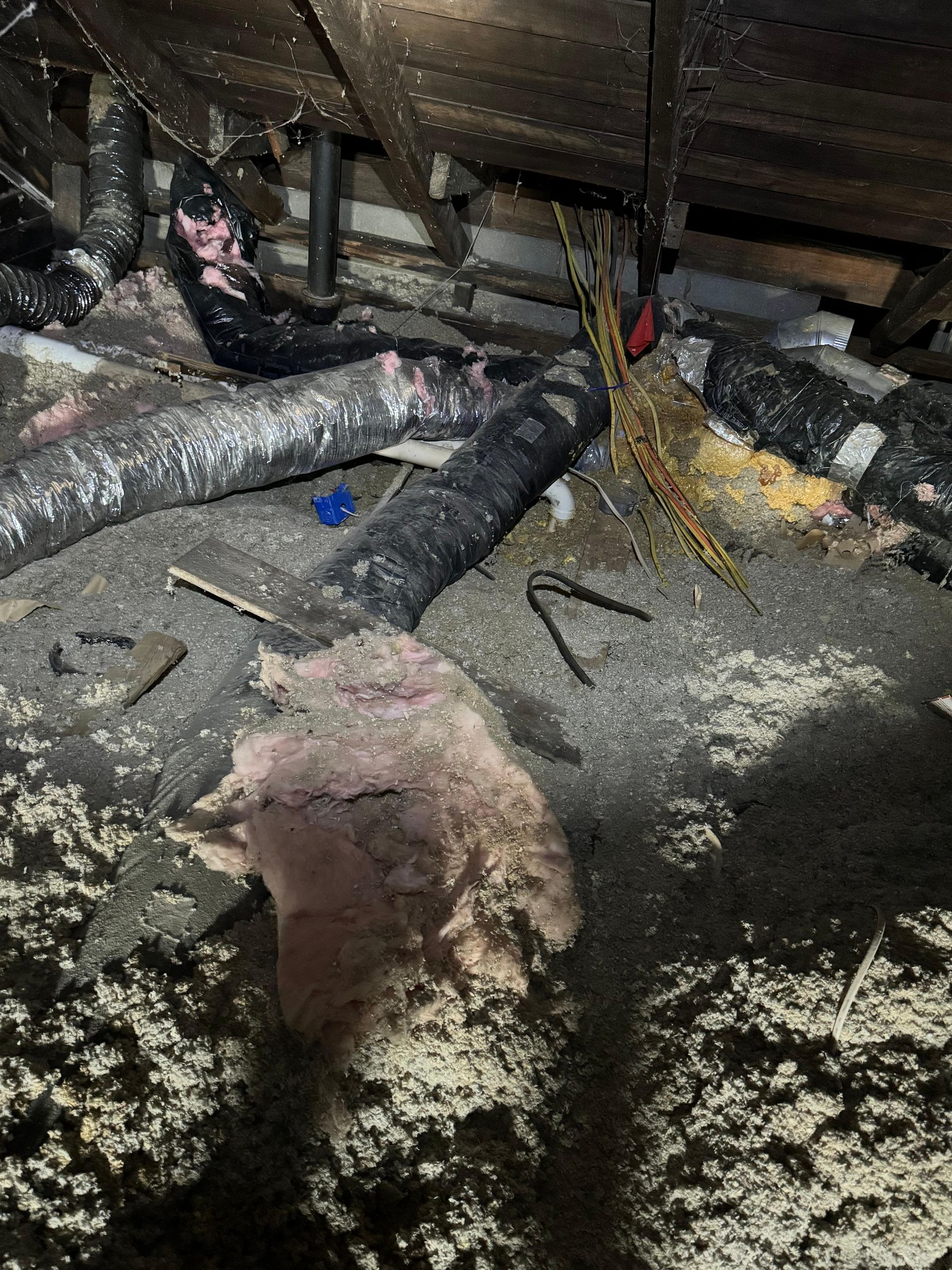 A bunch of wires are laying on the ground in an attic.