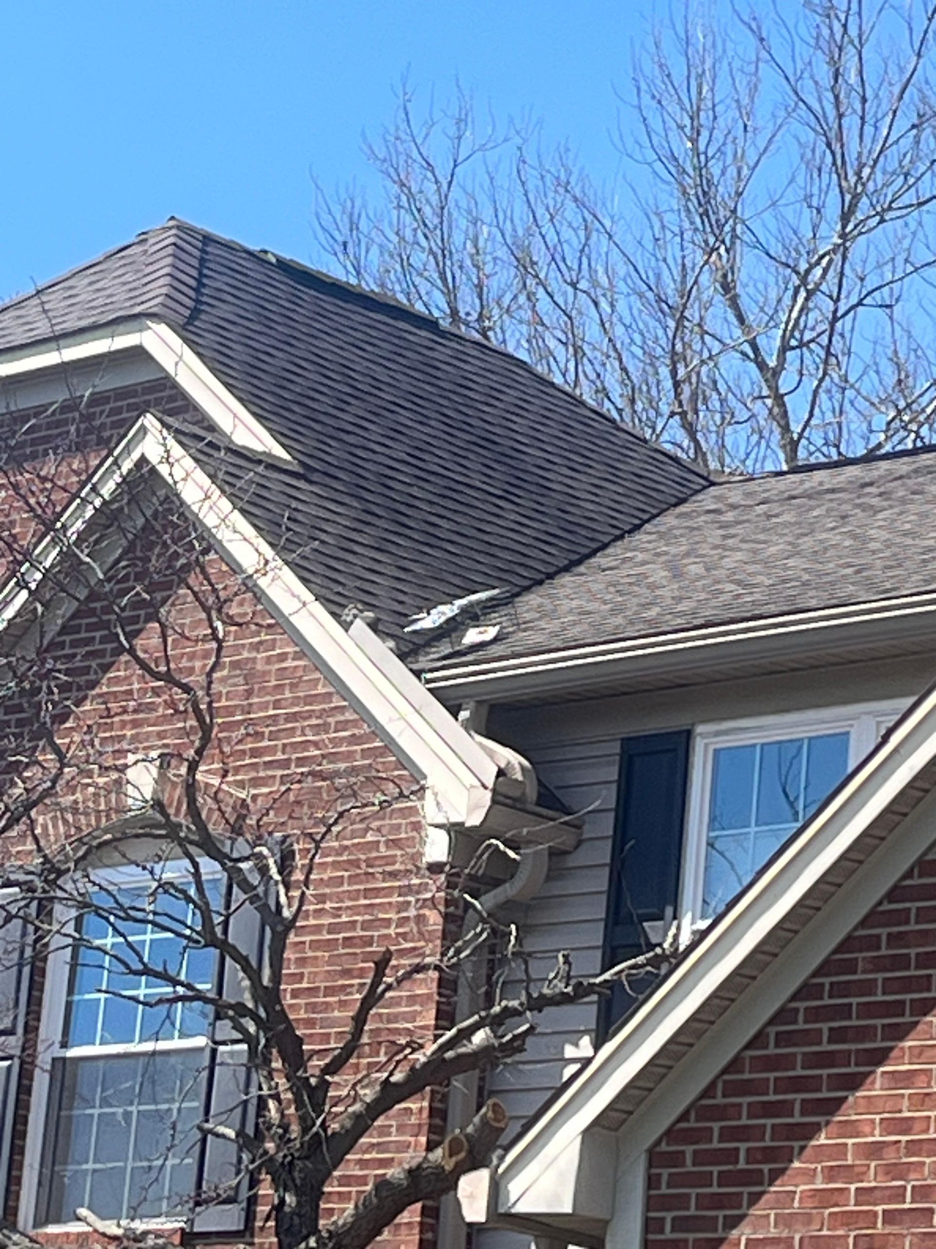 The roof of a brick house with a tree in front of it.