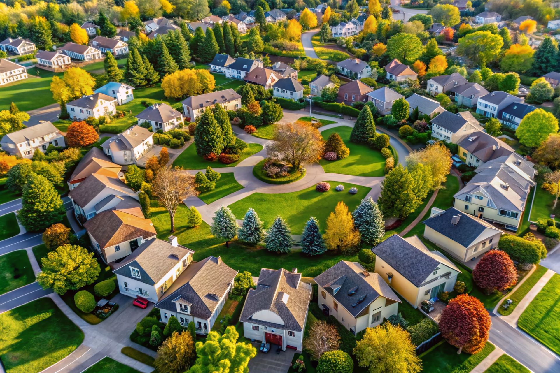 Aerial view of a suburban neighborhood centered on a circular park with green lawns and autumn trees
