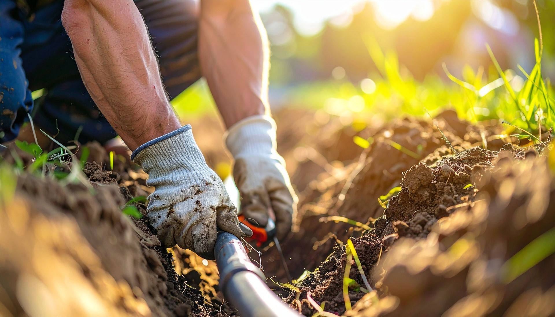 Gloved hands digging a trench beside a black pipe in sunlit soil and grass