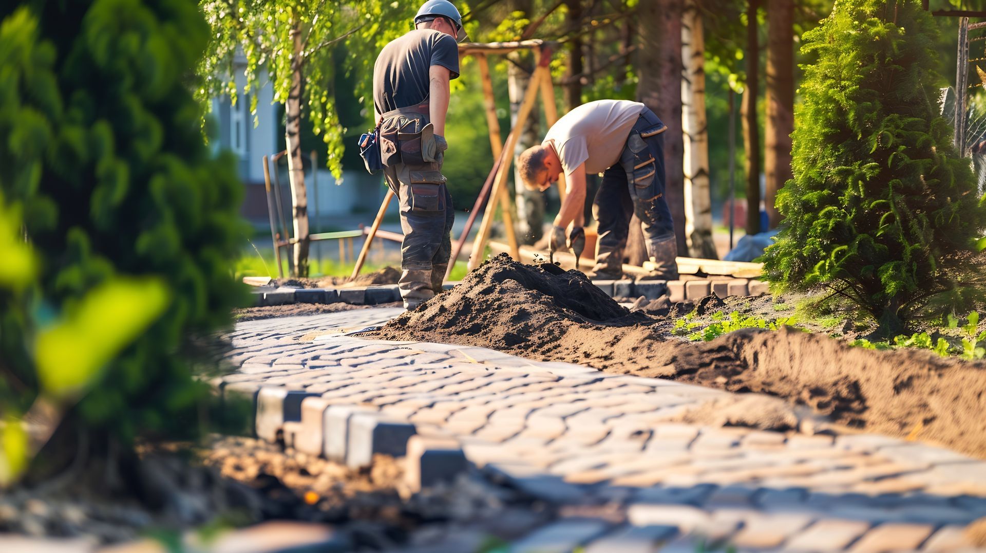 Workers paving a brick path in a sunny garden, with tools and a dirt pile beside them