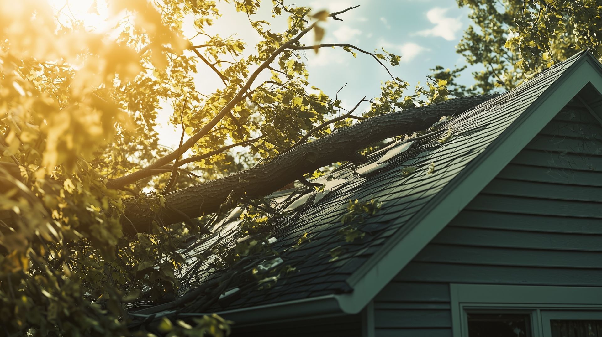 Sunlight filtering through tree branches onto a green house roof with fallen leaves