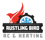 Logo for Rustling Bird AC & Heating featuring a red bird and a blue snowflake inside a gear, with black and grey text.