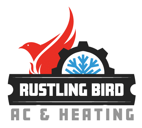 Logo for Rustling Bird AC & Heating featuring a red bird and a blue snowflake inside a gear, with black and grey text.
