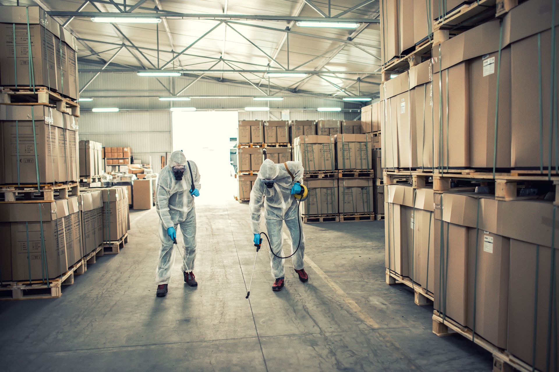 A commercial pest control services team in protective suits spraying a warehouse floor.