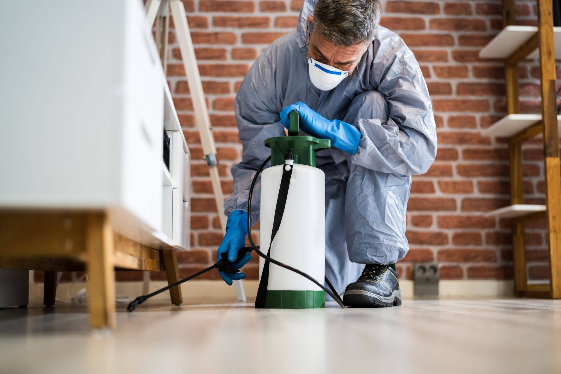 Pest control professional spraying indoors with protective gear in a residential setting.