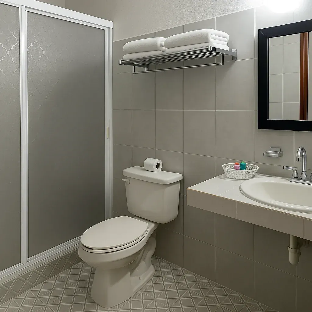 Bathroom with gray tile, shower, toilet, sink, and towels.