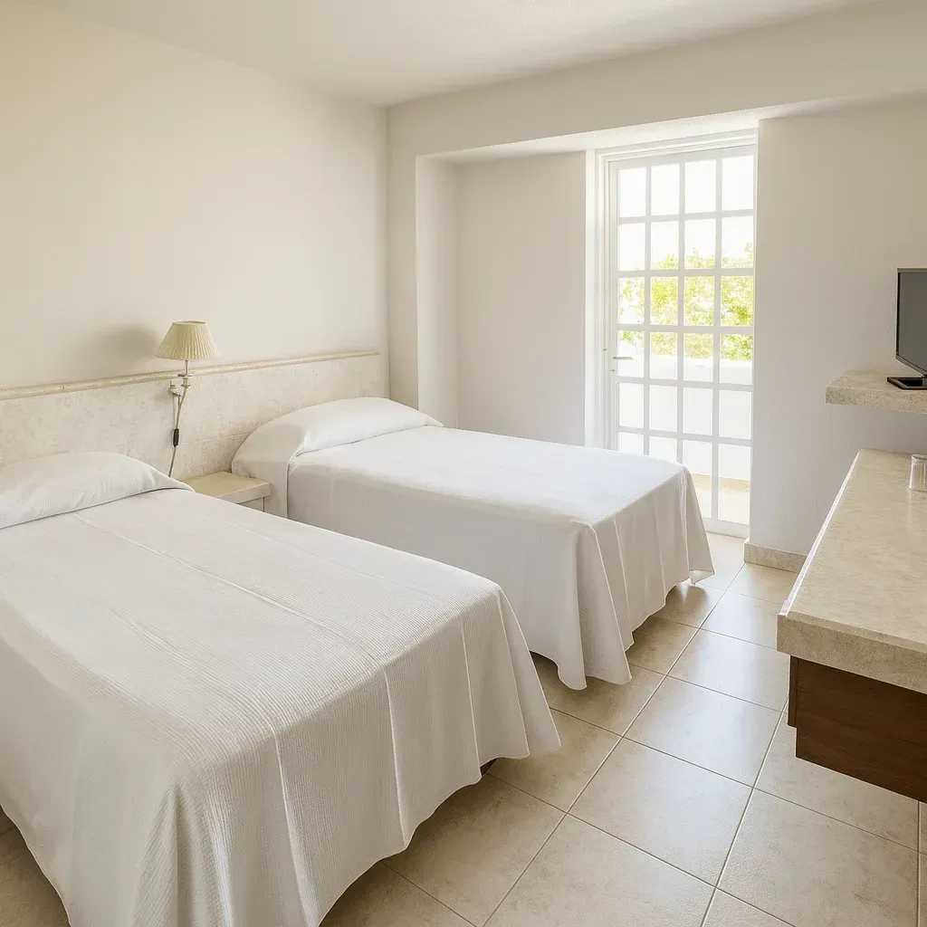 Twin beds in a bright hotel room with a balcony door and a television.
