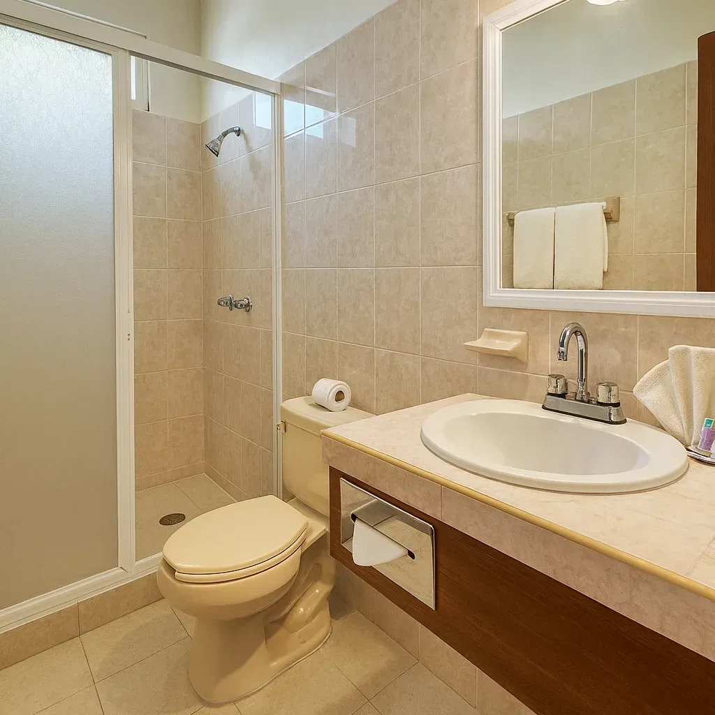 Bathroom with shower, toilet, sink, and mirror; beige tile, cream-colored toilet and countertop.