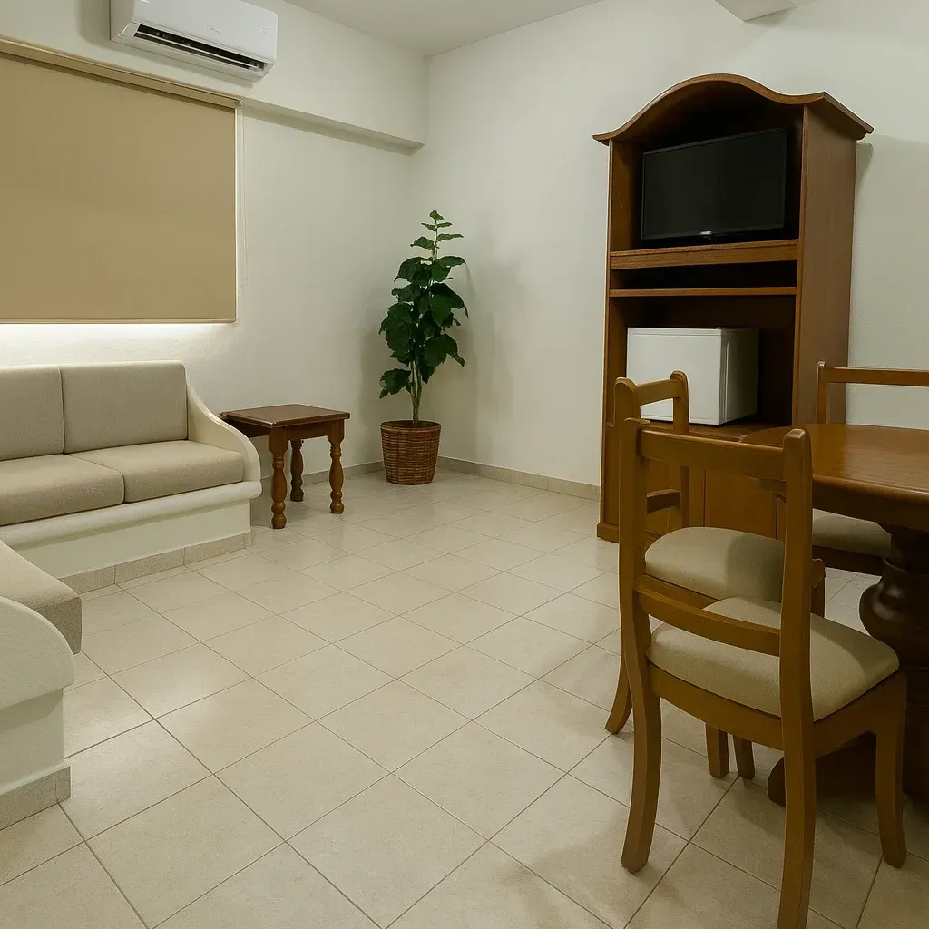 Living room with beige furniture, TV, potted plant, and a dining table.