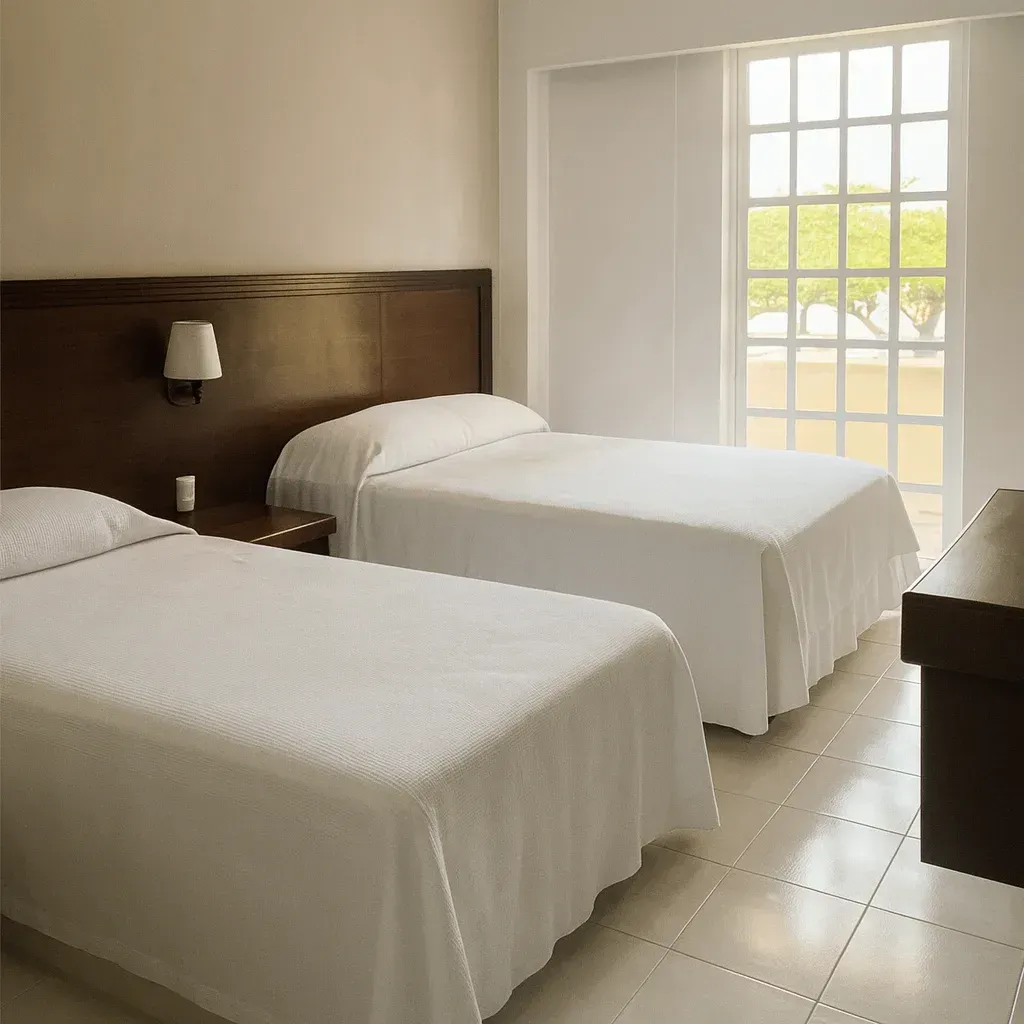 Two beds in a hotel room with white linens, a window, and a dark wood headboard.