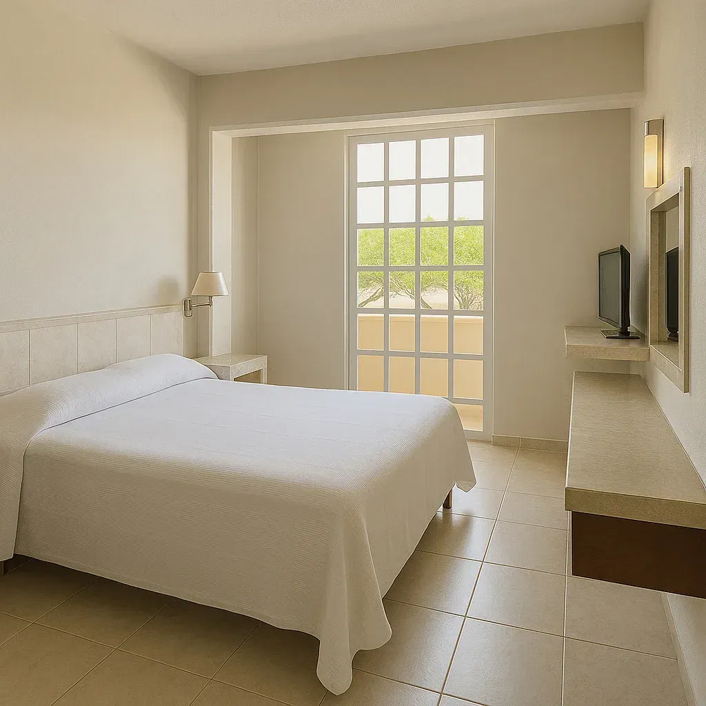 Bedroom interior with white walls, a bed, and a door to a balcony with natural light.