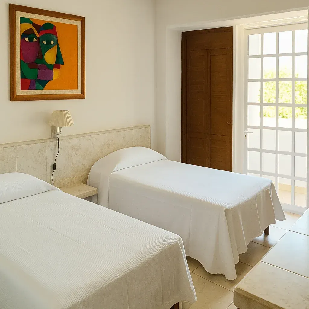 Two twin beds in a bright room with art, a door, and a small nightstand.