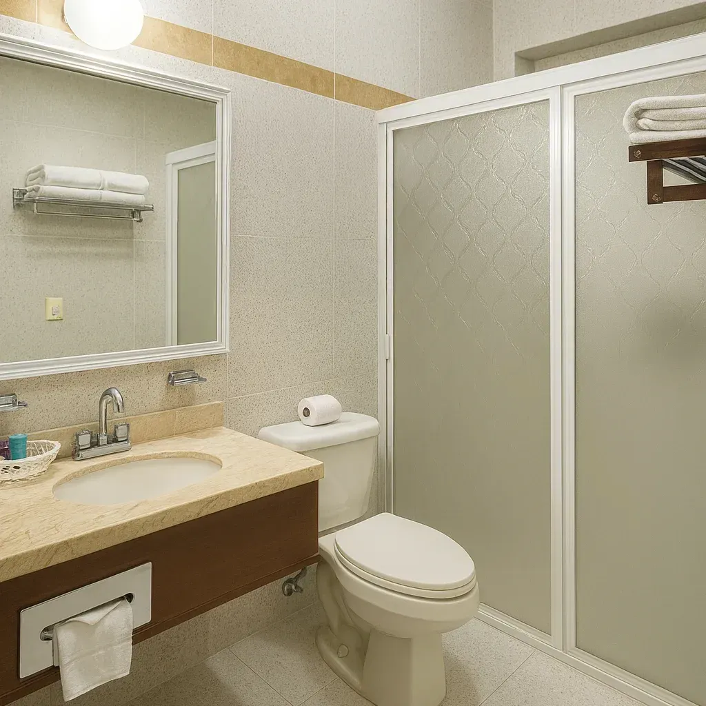 Bathroom with a sink, toilet, shower, mirror, and towels. Neutral color scheme, simple design.