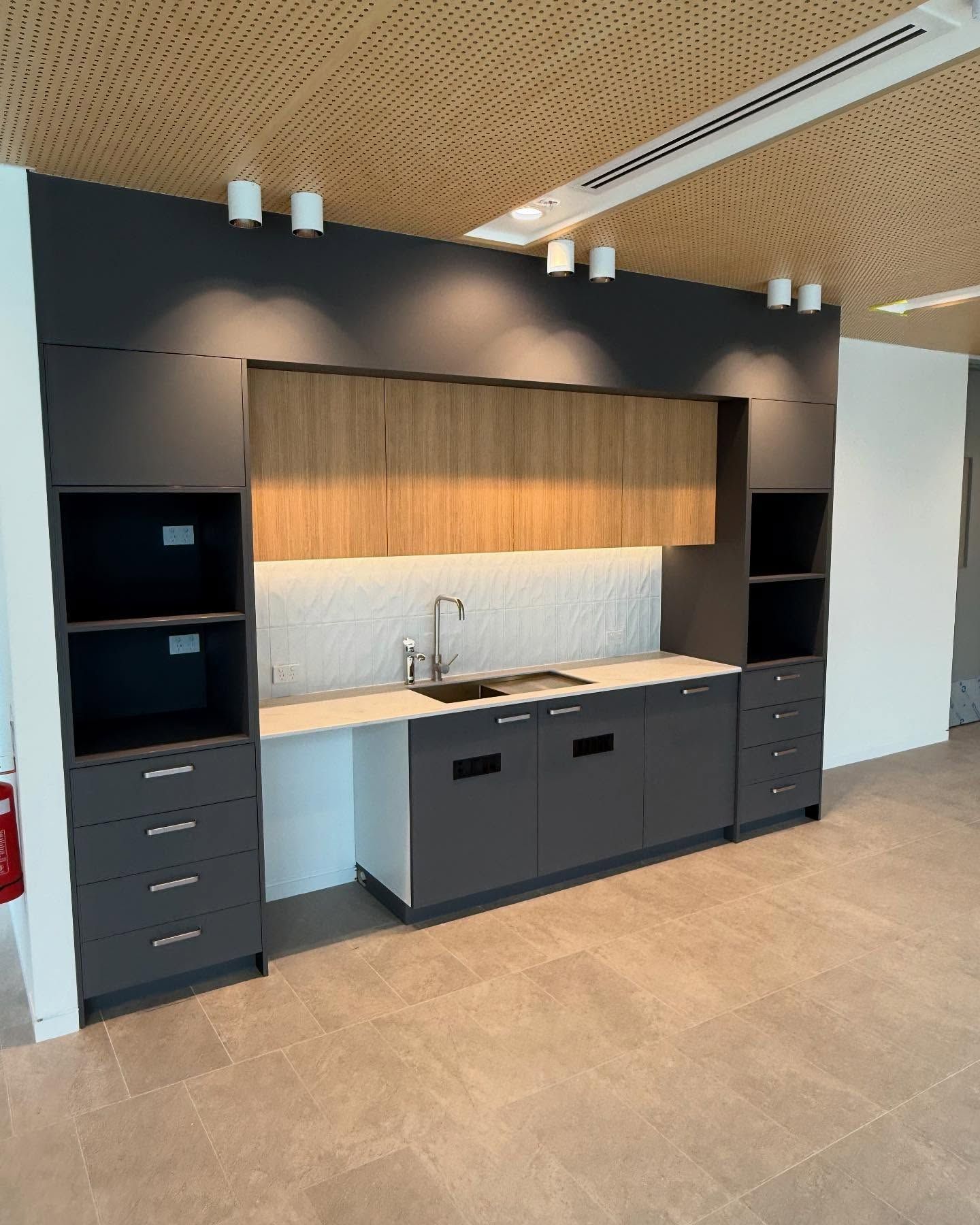 Modern Office Kitchenette with Gray Cabinets — Zeal Interiors in Sydney, NSW