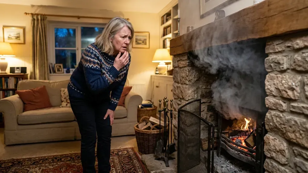 A homeowner looking concerned as smoke gently spills out of a living room fireplace
