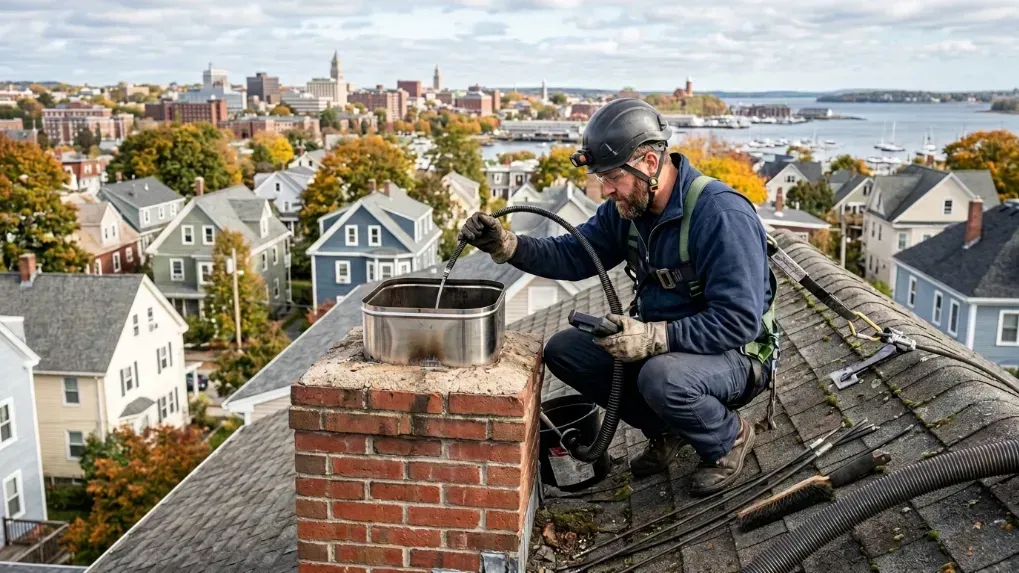 A professional chimney sweep inspecting a metal liner on a residential roof in Portland, ME