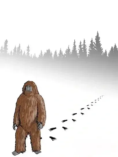 Chimney sweep portland maine-Bigfoot stands in a snowy landscape with a trail of footprints leading away from him toward a misty forest.