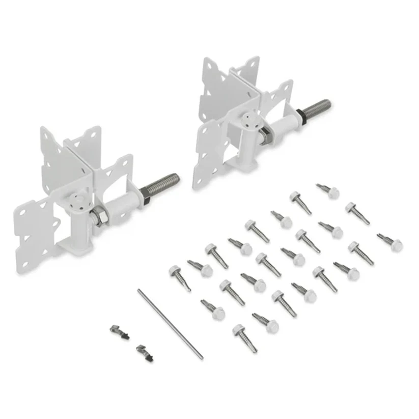 White metal gate hinge hardware with bolts and rod, on white background.