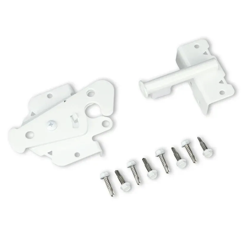 White plastic gate latch hardware with screws.