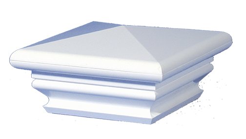 White plastic post cap with a pyramid-shaped top and decorative molding.