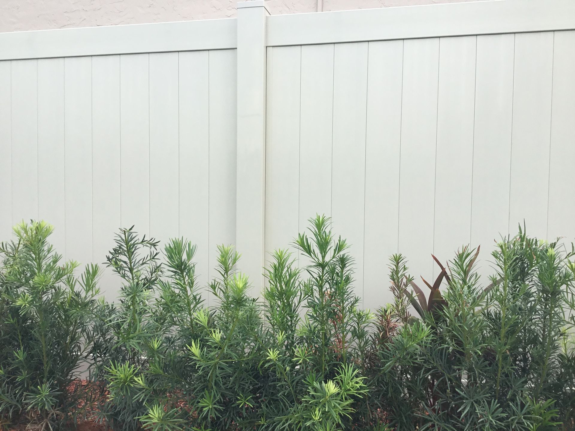 A white fence is surrounded by green bushes