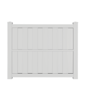 A white vinyl fence with a wooden post on a white background.