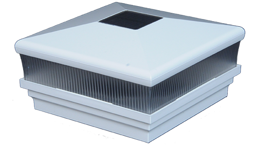 White square solar light with a black square on top, with a heat-sink-like design on the sides.
