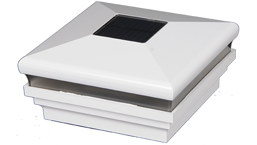 White solar-powered post cap with a black solar panel on top.