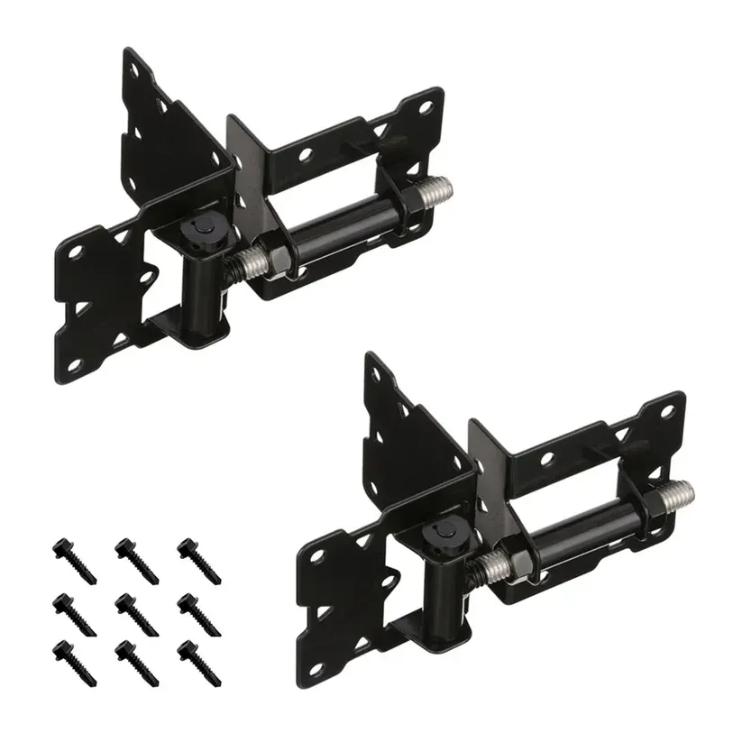 Black gate hinges with screws, angled view.