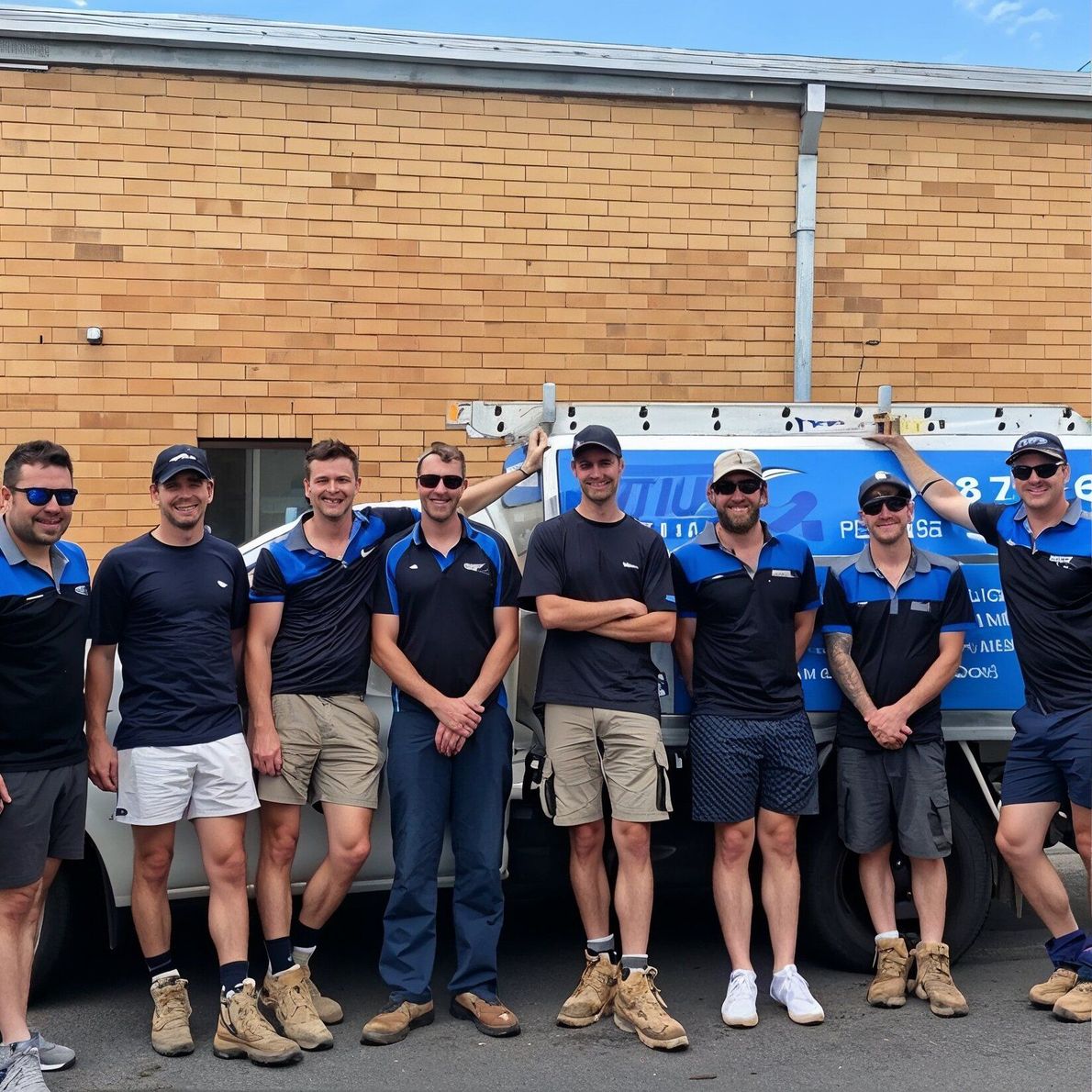Eight people in uniform posing in front of a white work truck parked by a brick building.