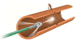 A nozzle on a hose sprays high-pressure water inside a pipe to clear debris and remove tree roots growing through a crack.