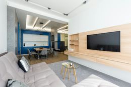 Modern living room with TV on wooden panel, sofa, and open kitchen area.
